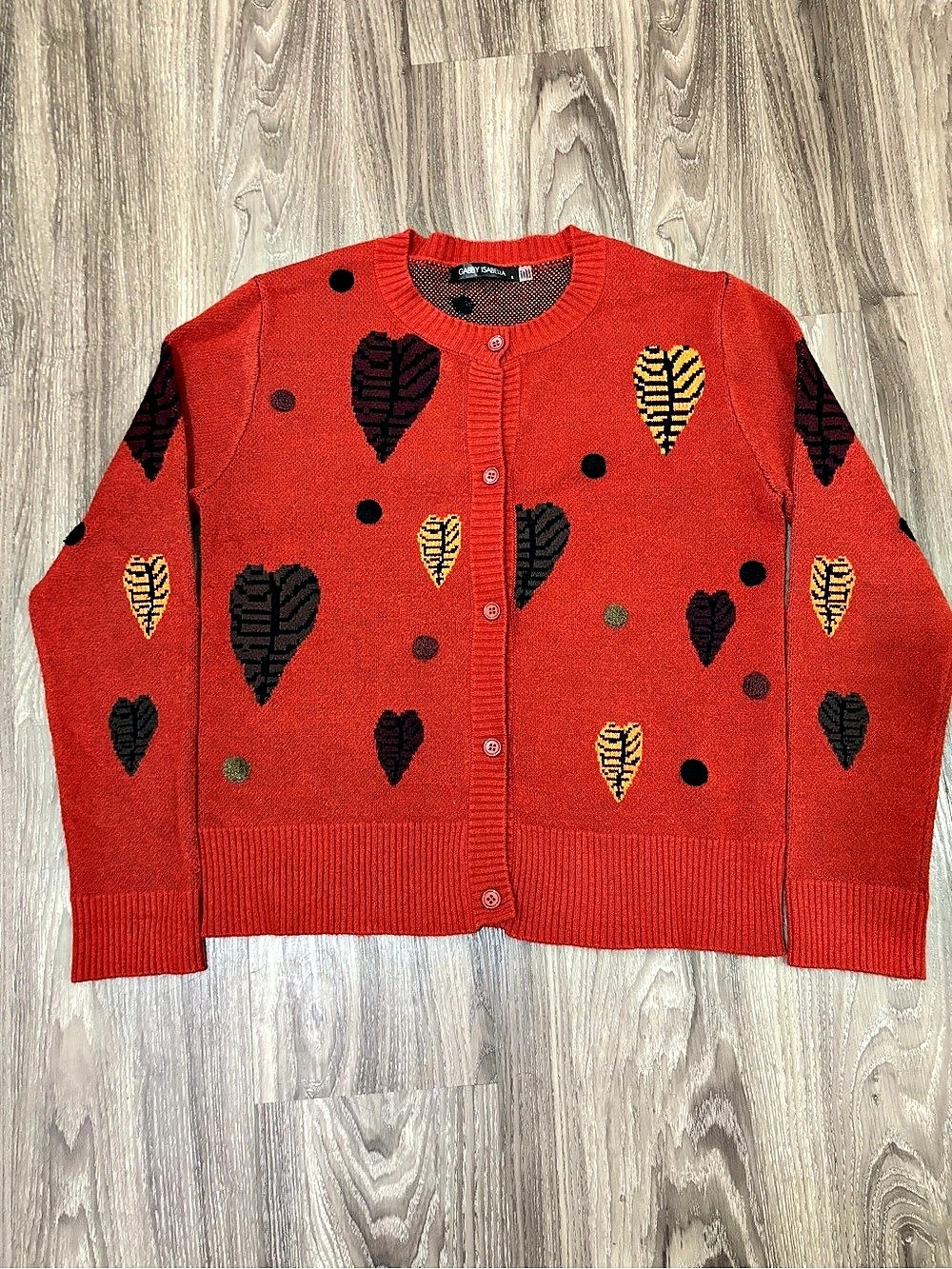 Gabby Isabella S52263 Heart Print Cardigan in Orange & Black Size Small